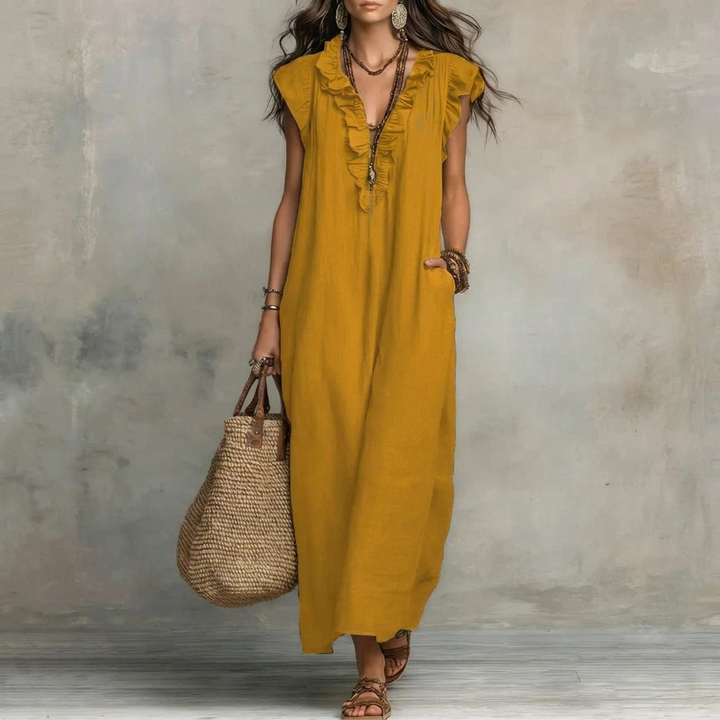 Kvinders Ruffle V-Hals Maxi Kjole