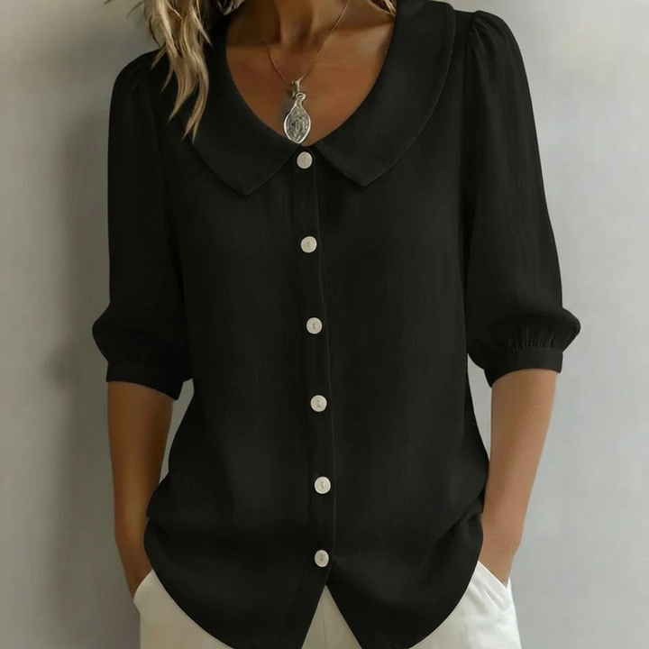 Kvinders Knap Front Puff Ærme Bluse