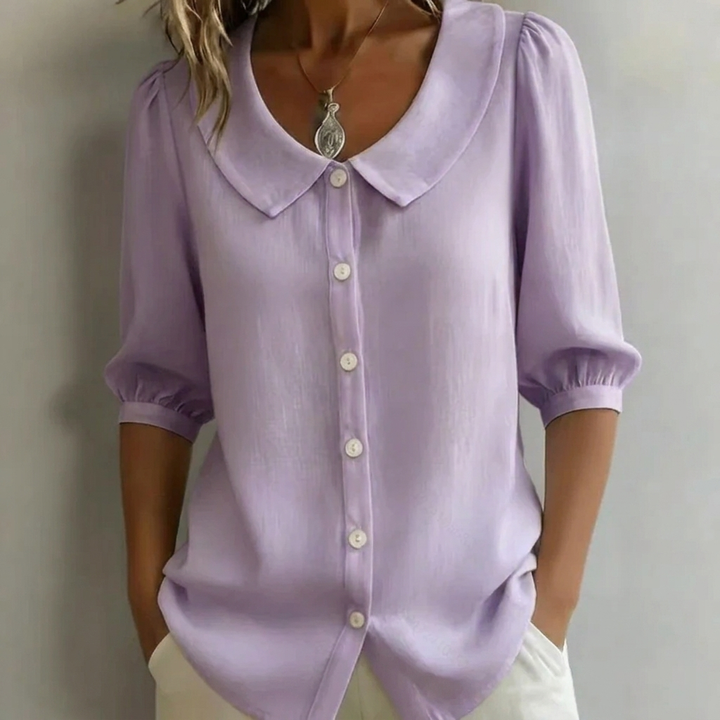 Kvinders Knap Front Puff Ærme Bluse
