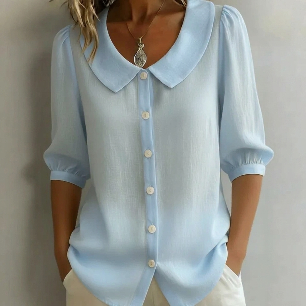 Kvinders Knap Front Puff Ærme Bluse