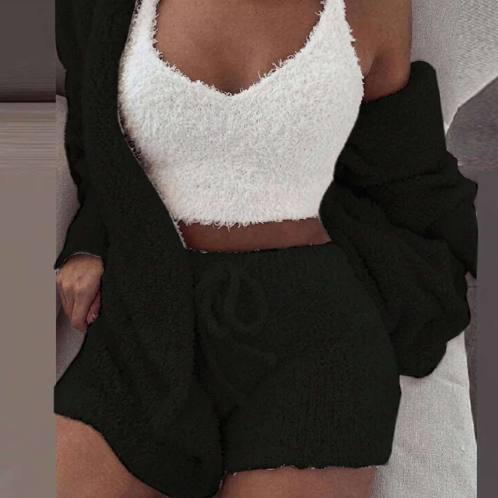 Kvinders 3-dels Nattøjssæt med Crop Top og Shorts