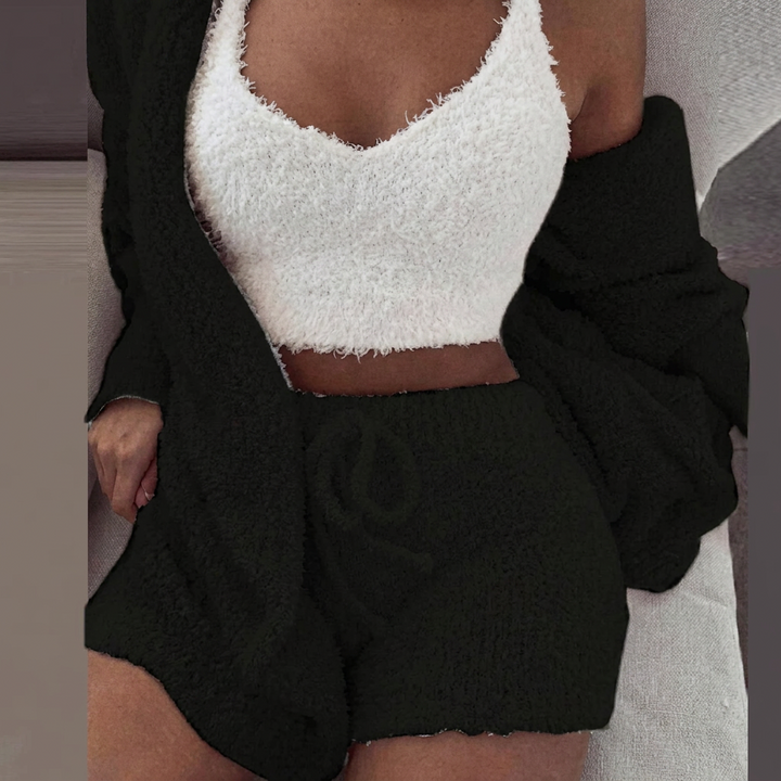 Kvinders 3-dels Nattøjssæt med Crop Top og Shorts