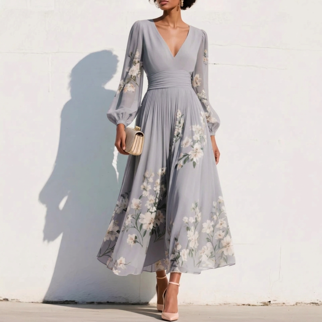 Kvinders Forår Chiffon Pleated Langærmet Kjole