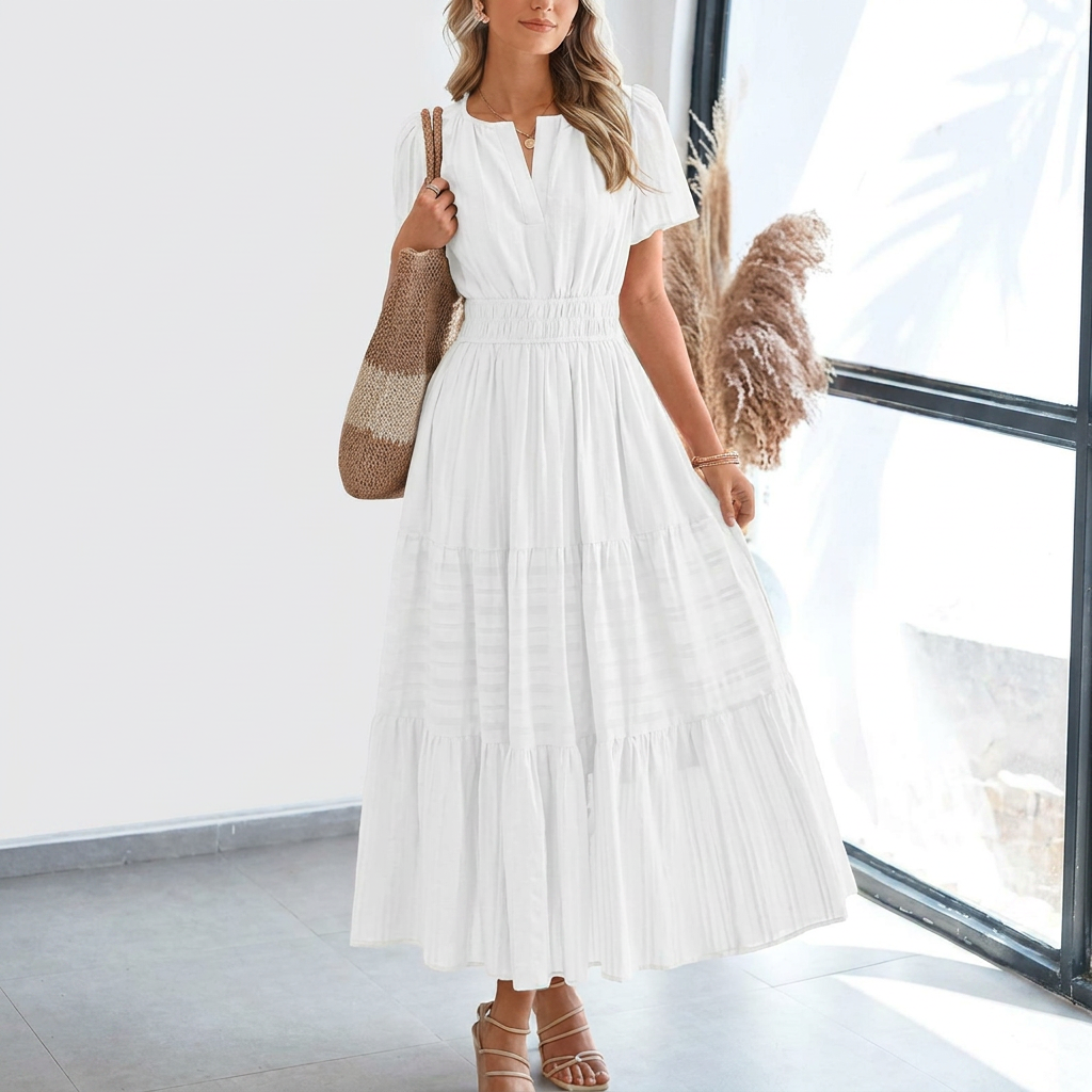 Kvinders Pleated Puff Sleeve Maxi Kjole