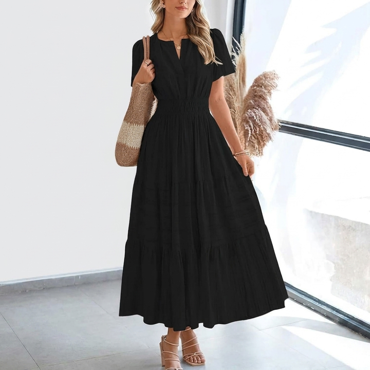 Kvinders Pleated Puff Sleeve Maxi Kjole