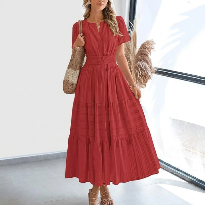 Kvinders Pleated Puff Sleeve Maxi Kjole