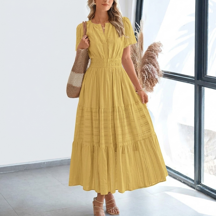 Kvinders Pleated Puff Sleeve Maxi Kjole