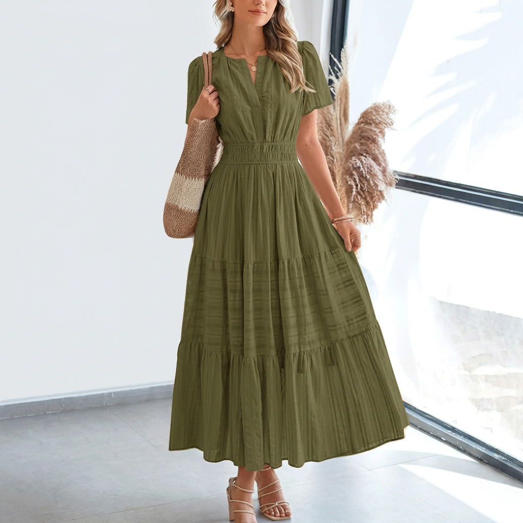 Kvinders Pleated Puff Sleeve Maxi Kjole