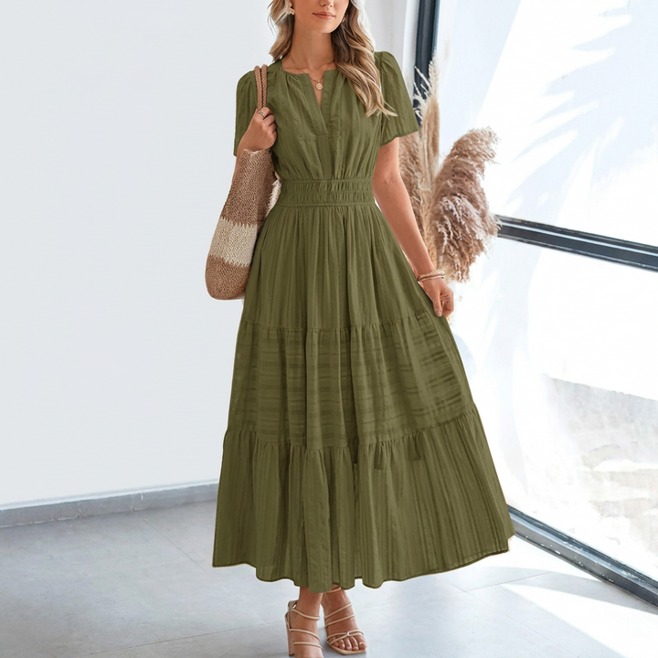 Kvinders Pleated Puff Sleeve Maxi Kjole
