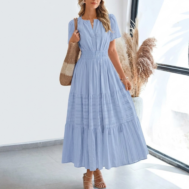 Kvinders Pleated Puff Sleeve Maxi Kjole
