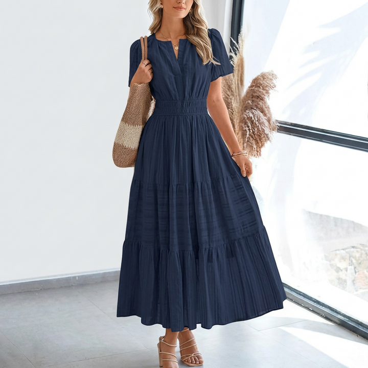 Kvinders Pleated Puff Sleeve Maxi Kjole