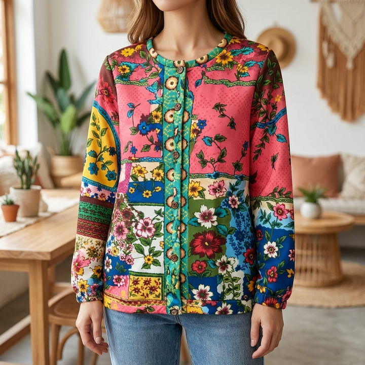 Vintage Kvinders Cardigan med Blomster Patchwork