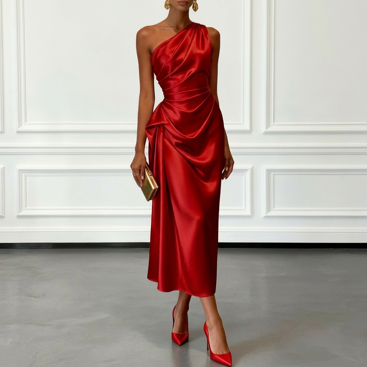 Kvinders One-Shoulder Pleated Talje-Indsnævring Midi Kjole