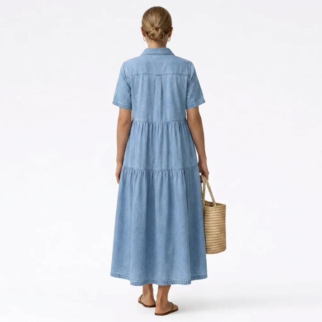Denim-print midikjole – afslappet snit med knaplukning foran