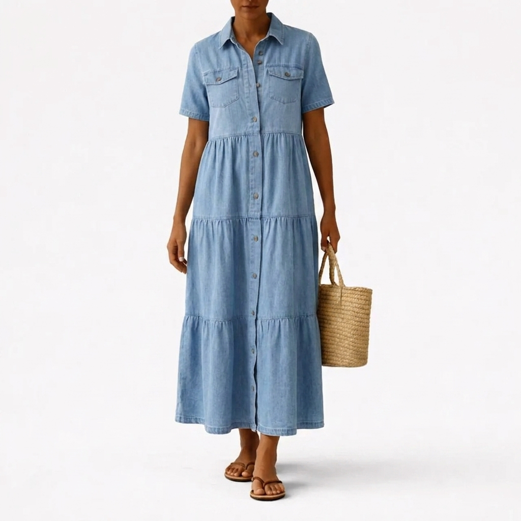 Denim-print midikjole – afslappet snit med knaplukning foran