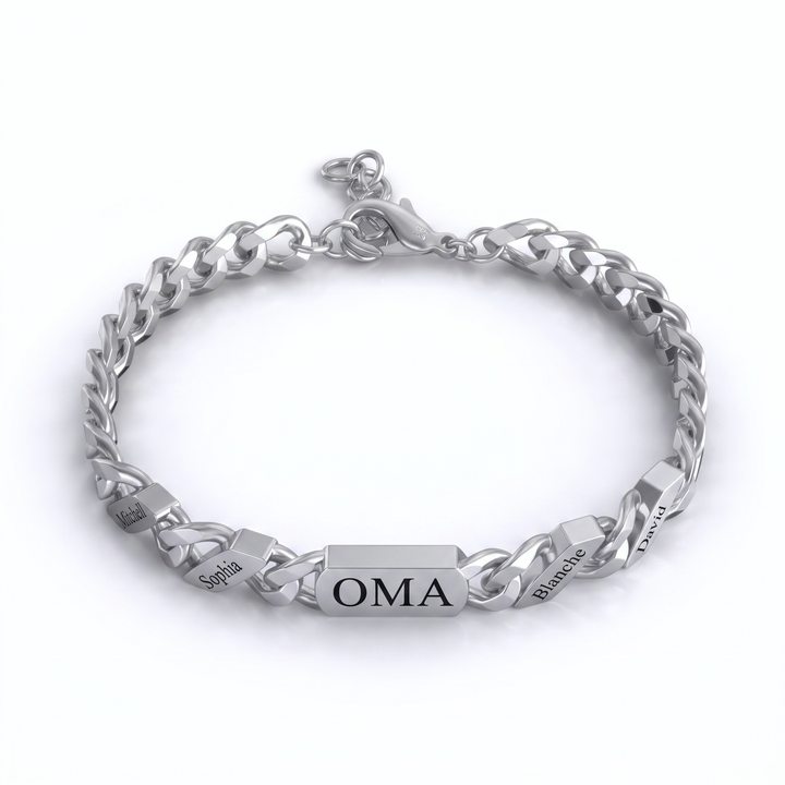 Personligt familie-ledarmbånd med indgraverede navne – sølv eller guld
