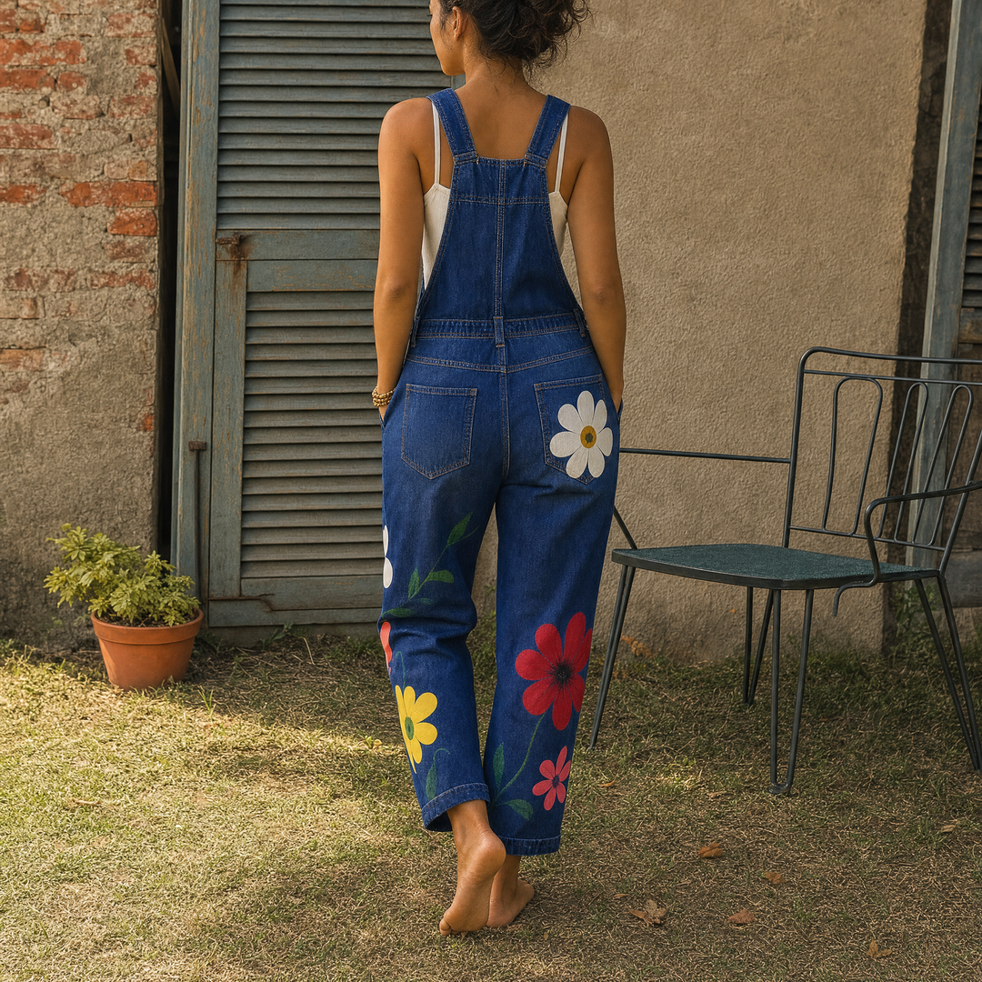 Stilfuld denimheldragt med blomstermønster