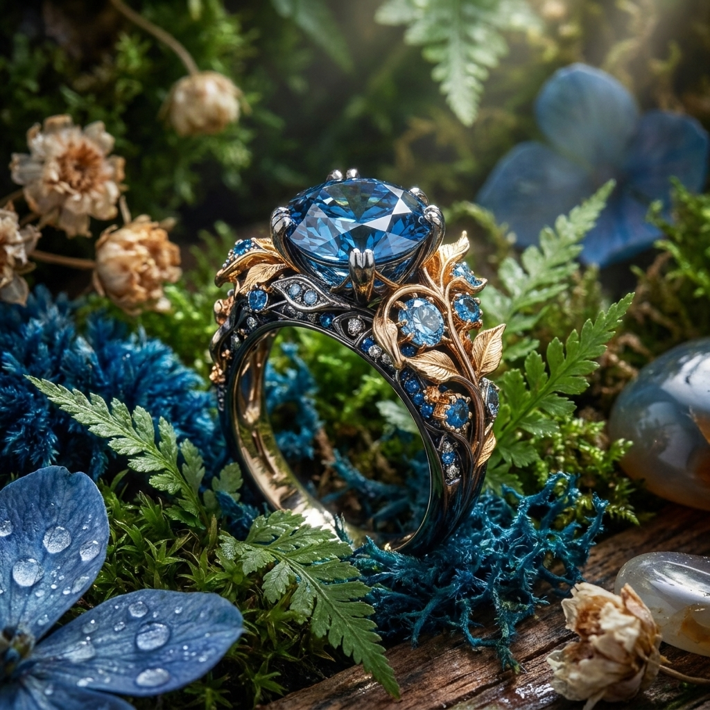 Vintage-ring med safir og bladindlæg
