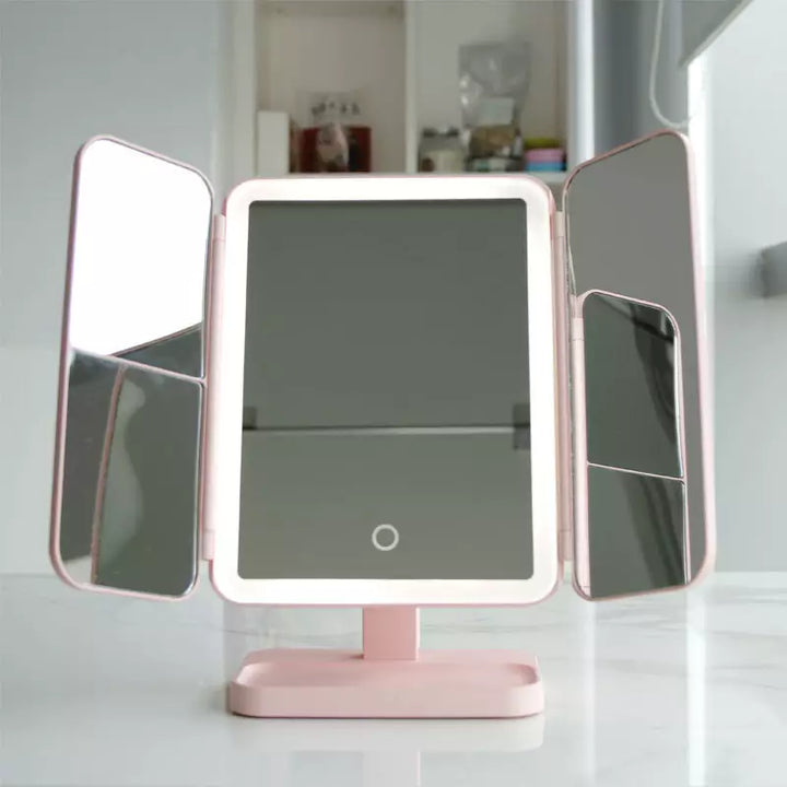 Sammenklappeligt LED-makeupspejl med justerbart lys og pladsbesparende fold