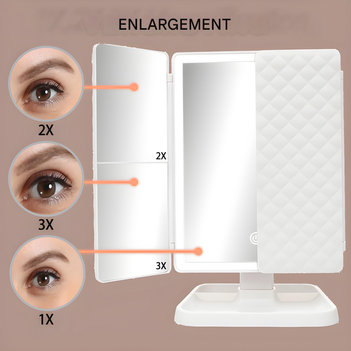 Sammenklappeligt LED-makeupspejl med justerbart lys og pladsbesparende fold