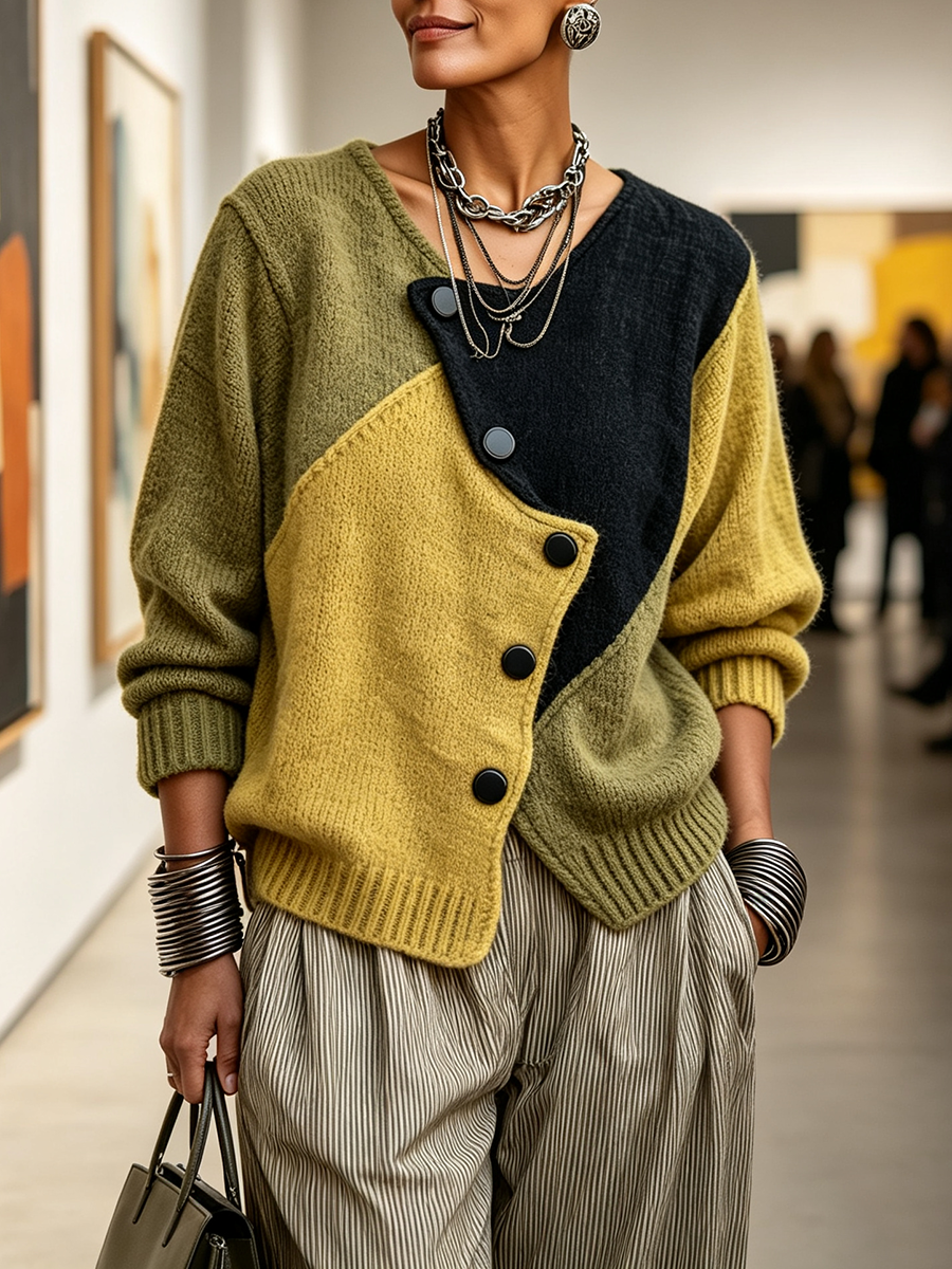 Strikpullover til kvinder med asymmetriske knapper i colour block-look