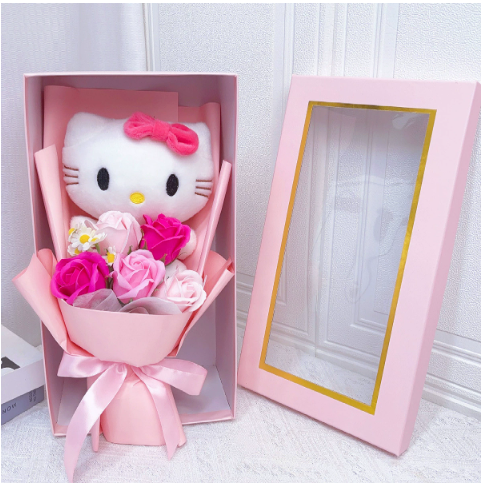 Bouquet af farverige kunstige blomster med Kitty-figurer til gaver og dekoration