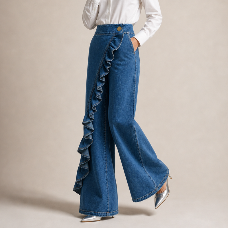 Vide jeans til damer med asymmetrisk volant i culotte-stil.