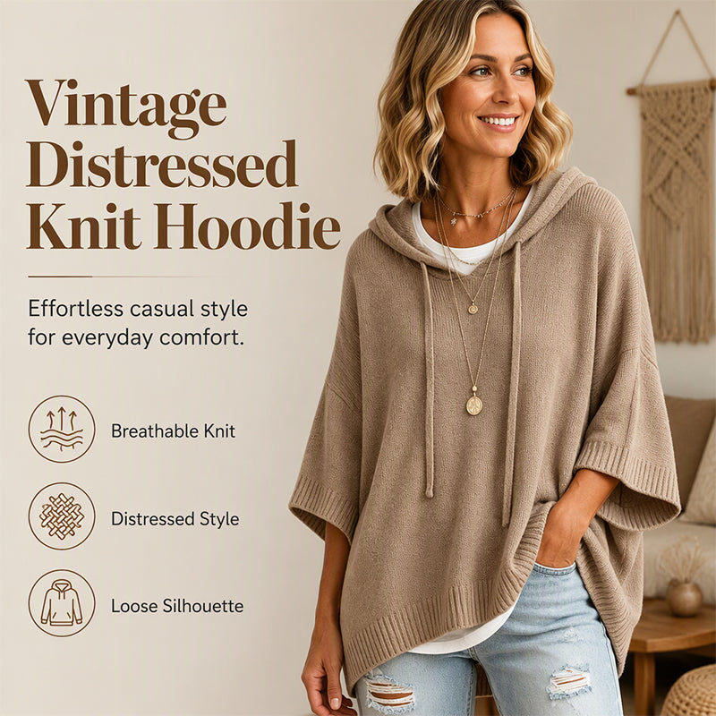 Strikket hættetrøje til kvinder med snøre – oversize sweater i vintage used look
