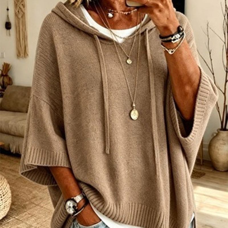Strikket hættetrøje til kvinder med snøre – oversize sweater i vintage used look