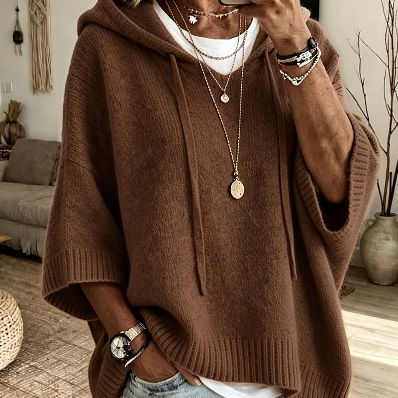 Strikket hættetrøje til kvinder med snøre – oversize sweater i vintage used look