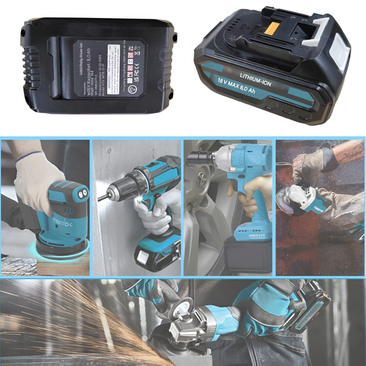 2×8,0 Ah 18V reservebatterier + oplader