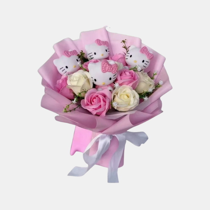 Bouquet af farverige kunstige blomster med Kitty-figurer til gaver og dekoration