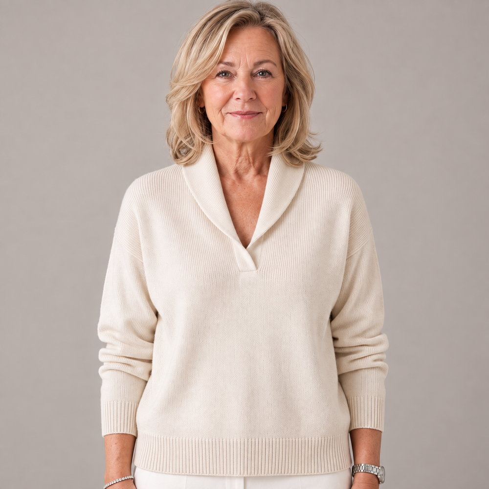 Blød dame-sweater med sjalskrave og lange ærmer
