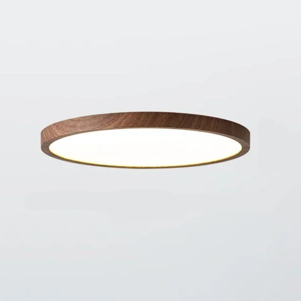 Ultratynd rund loftlampe i valnøddetræ til elegante, moderne rum