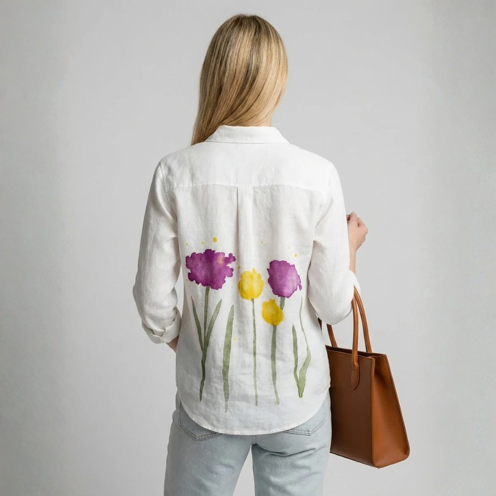 Blomstret V-hals Bluse med Lange Ærmer