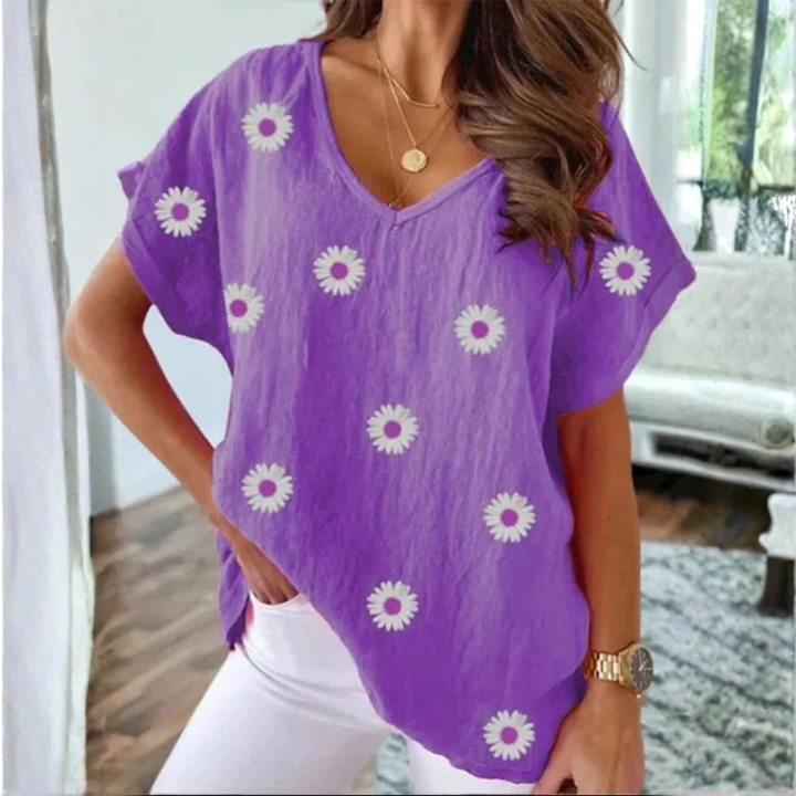 Casual V-Hals T-Shirt med 3D Blomster Print