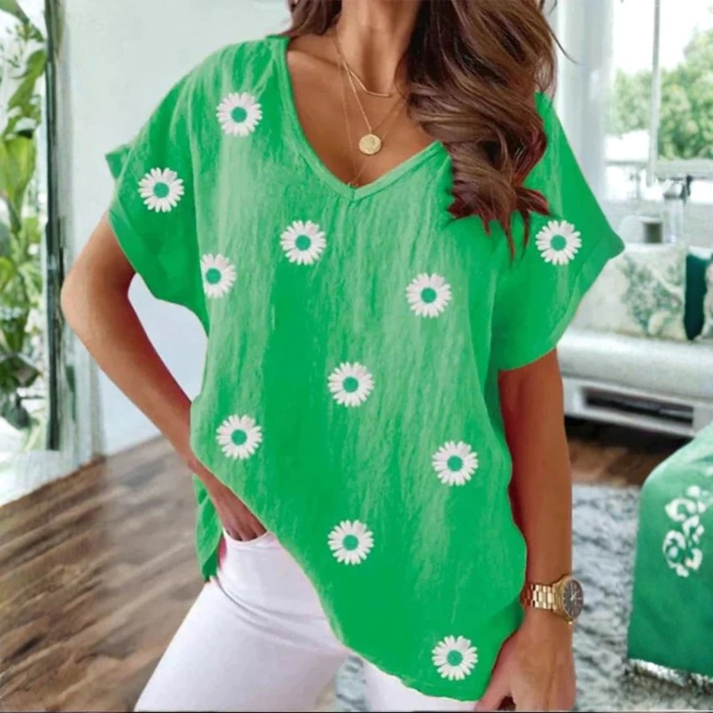 Casual V-Hals T-Shirt med 3D Blomster Print