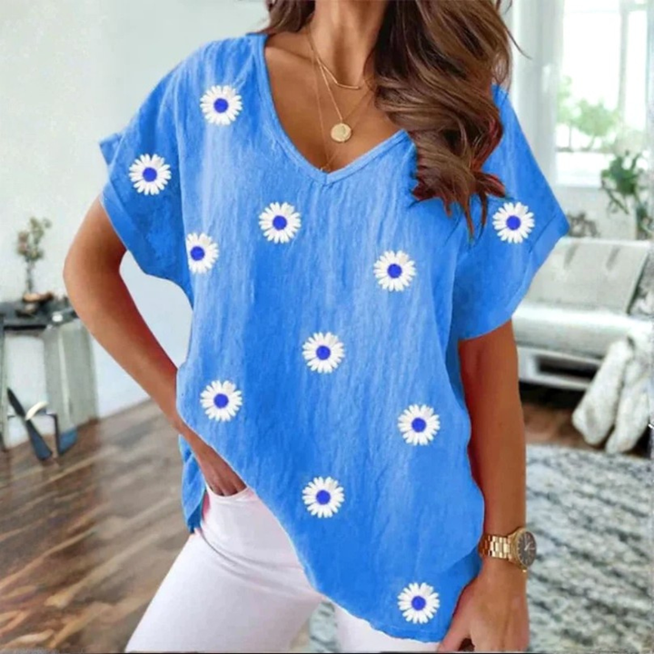 Casual V-Hals T-Shirt med 3D Blomster Print