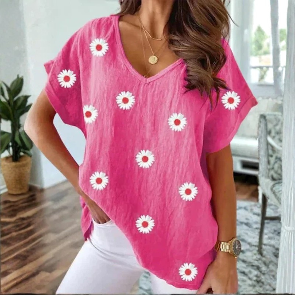 Casual V-Hals T-Shirt med 3D Blomster Print