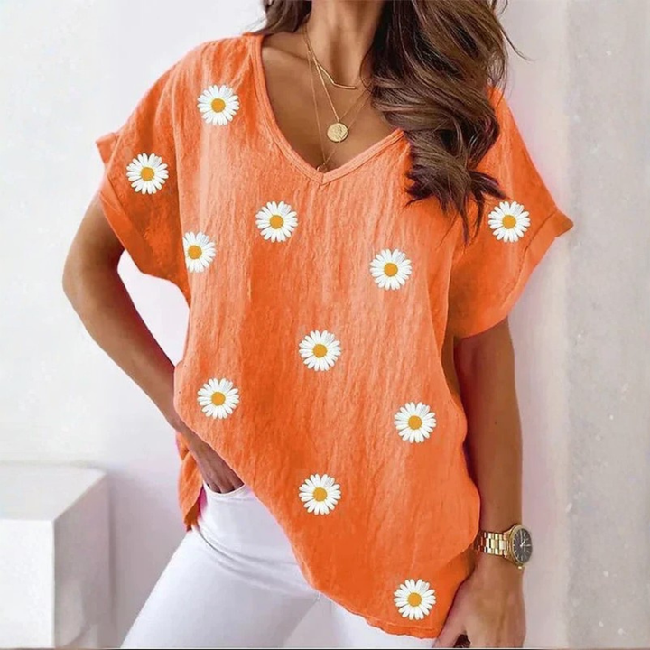 Casual V-Hals T-Shirt med 3D Blomster Print