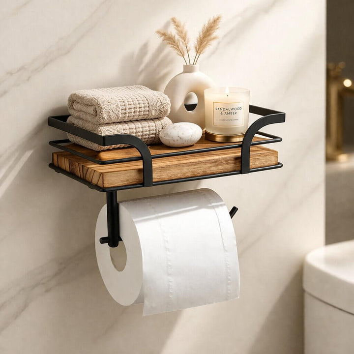 Vægmonteret toiletpapirholder med hylde til telefon og servietter