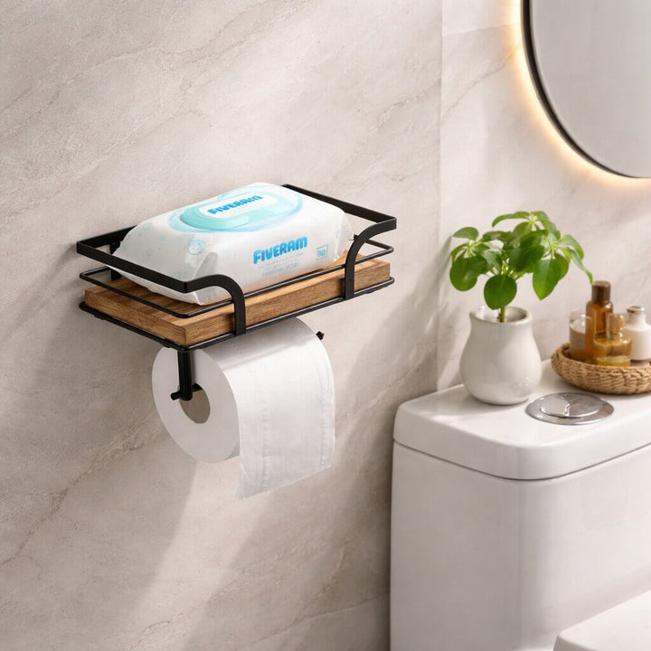 Vægmonteret toiletpapirholder med hylde til telefon og servietter