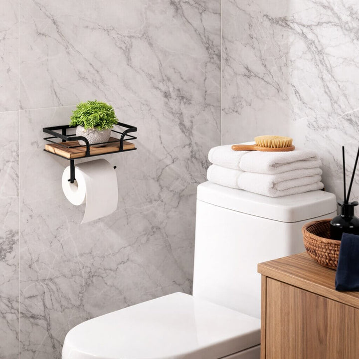 Vægmonteret toiletpapirholder med hylde til telefon og servietter