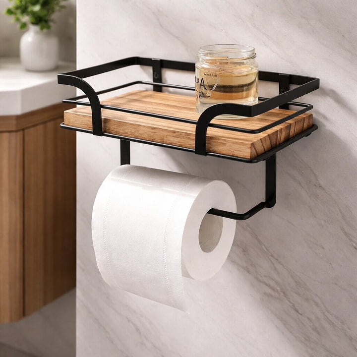 Vægmonteret toiletpapirholder med hylde til telefon og servietter
