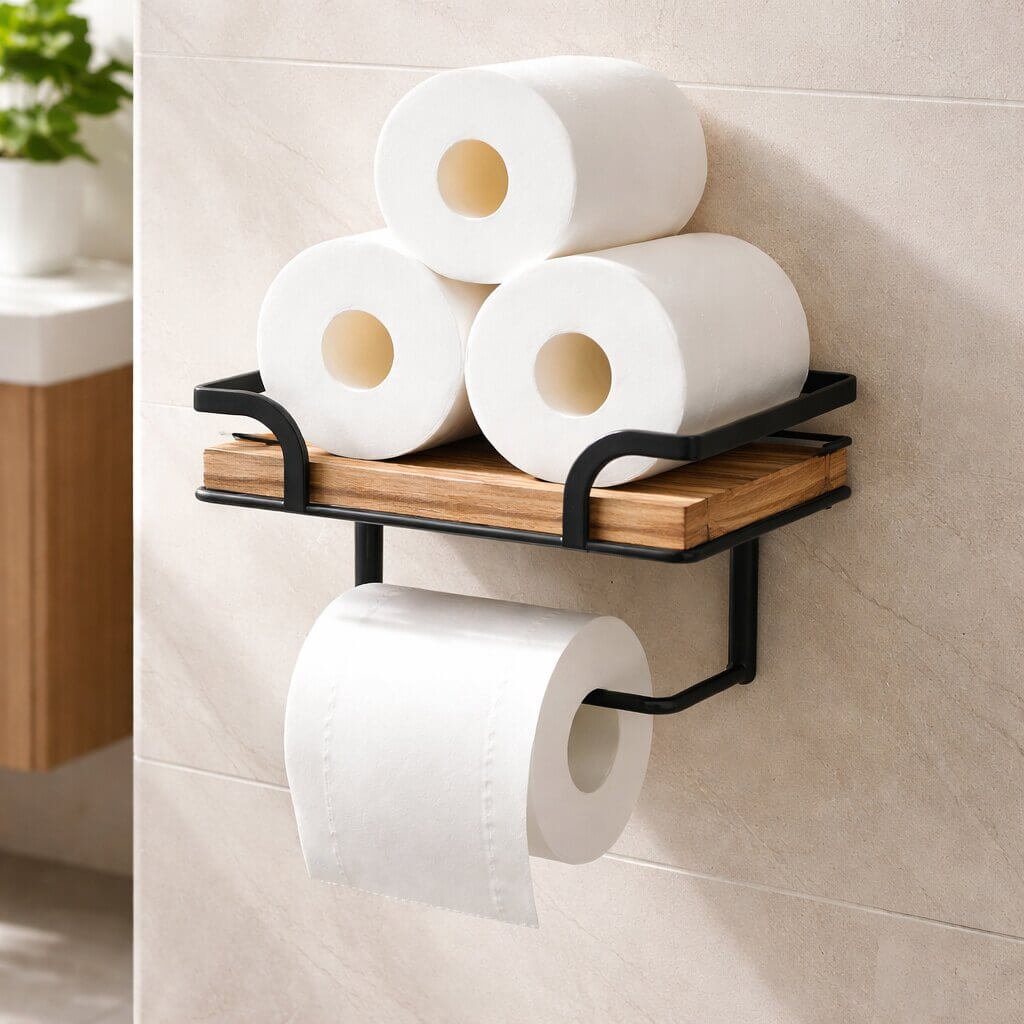 Vægmonteret toiletpapirholder med hylde til telefon og servietter