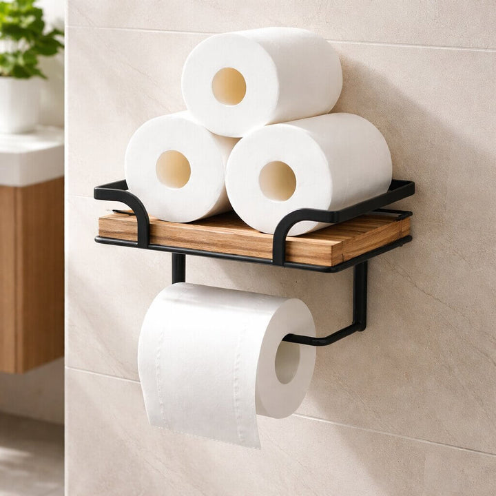 Vægmonteret toiletpapirholder med hylde til telefon og servietter
