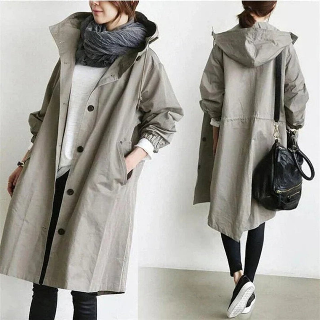 Lang trenchcoat med hætte til kvinder, vandtæt, oversized pasform
