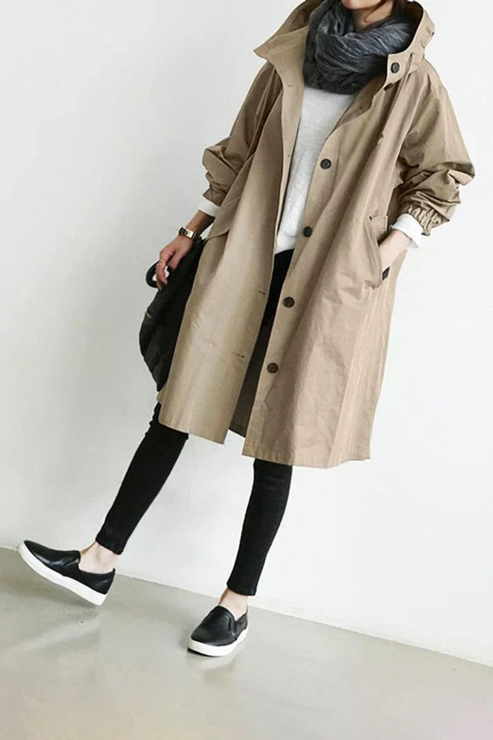 Lang trenchcoat med hætte til kvinder, vandtæt, oversized pasform