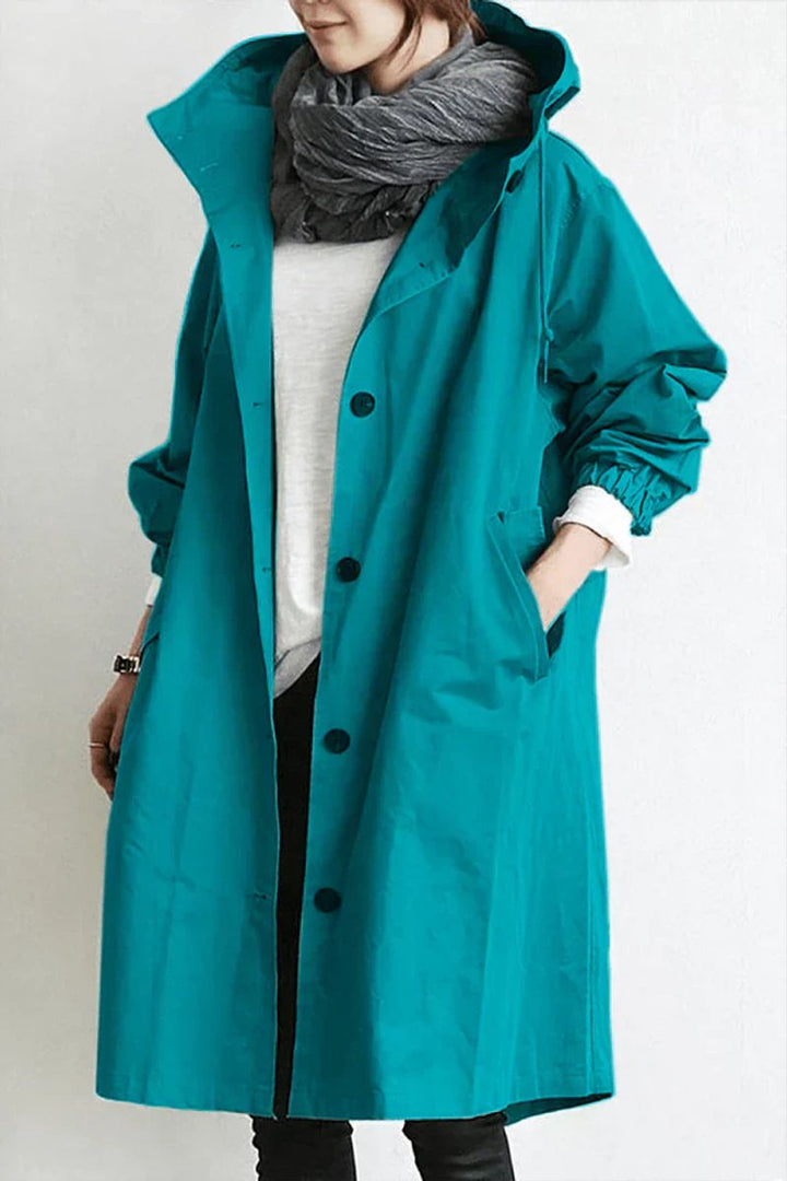 Lang trenchcoat med hætte til kvinder, vandtæt, oversized pasform