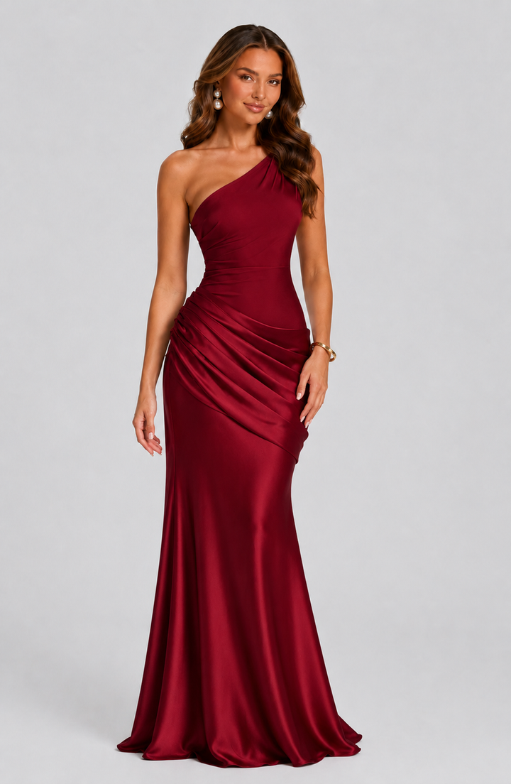 Draperet one-shoulder-maxikjole i satin